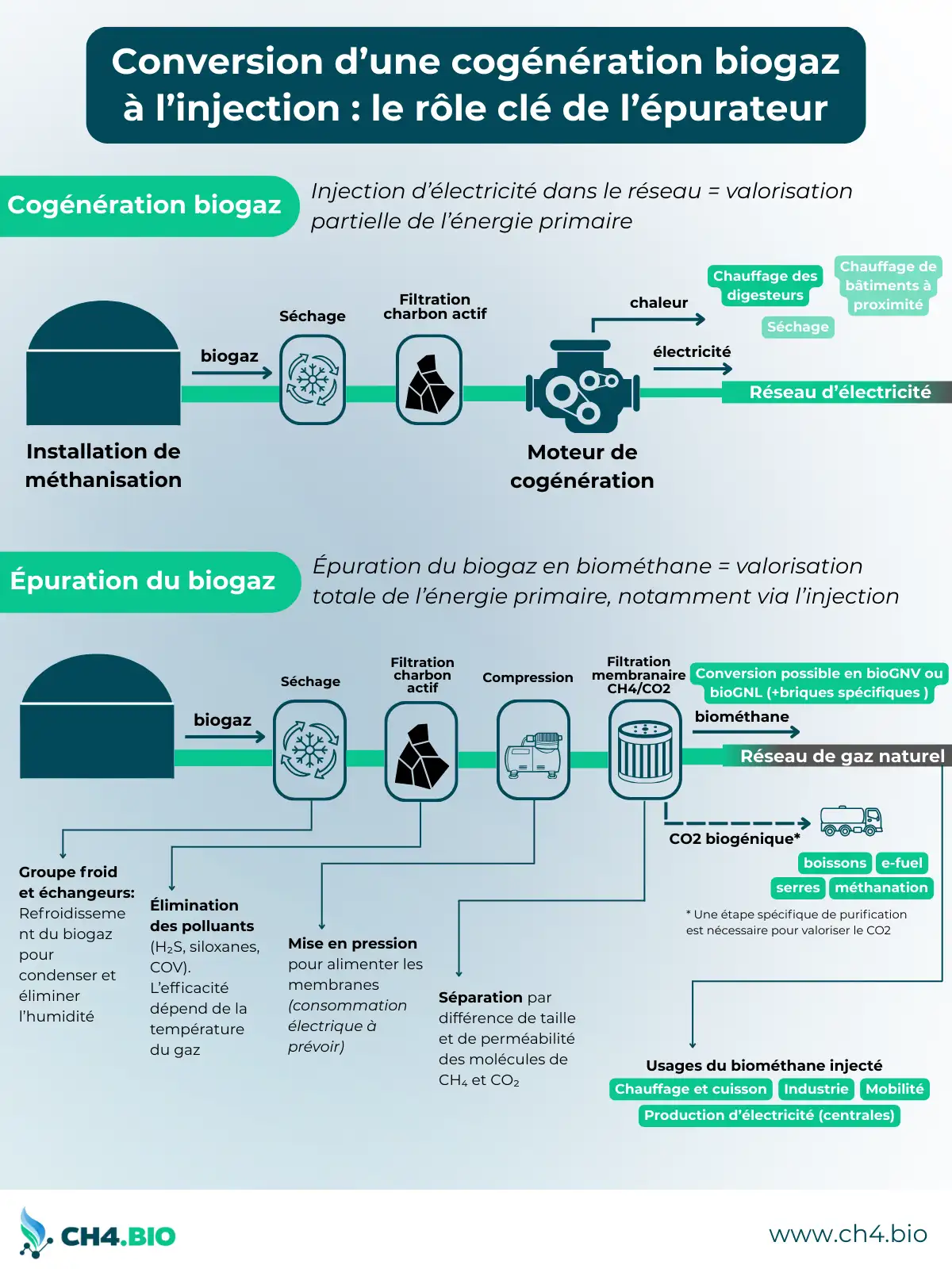 Schéma comparatif des filières cogénération biogaz et injection biométhane, montrant les étapes de séchage, filtration, compression et épuration membranaire